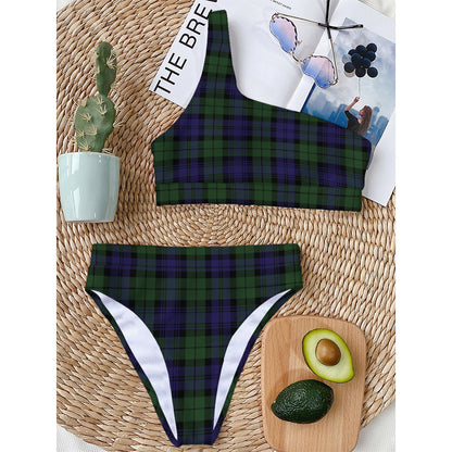 Black Watch Tartan Pattern Print One Shoulder Bikini Top