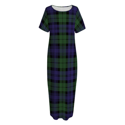 Black Watch Tartan Pattern Print Short Sleeve Long Nightdress