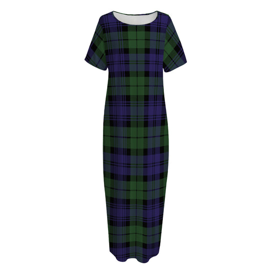 Black Watch Tartan Pattern Print Short Sleeve Long Nightdress