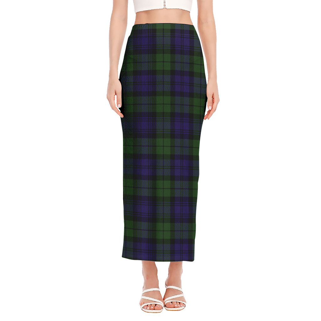 Black Watch Tartan Pattern Print Side Slit Maxi Skirt