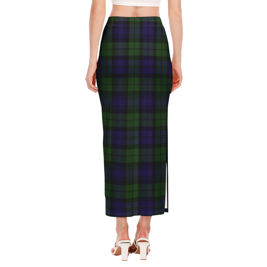 Black Watch Tartan Pattern Print Side Slit Maxi Skirt