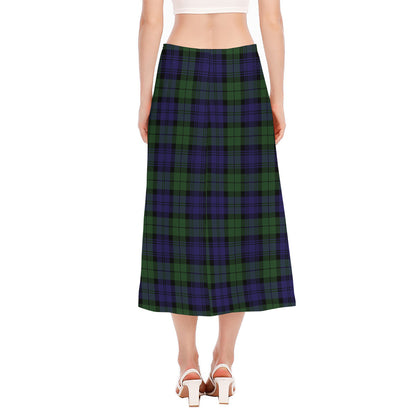 Black Watch Tartan Pattern Print Side Slit Midi Skirt