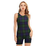 Black Watch Tartan Pattern Print Sleeveless One Piece Swimsuit