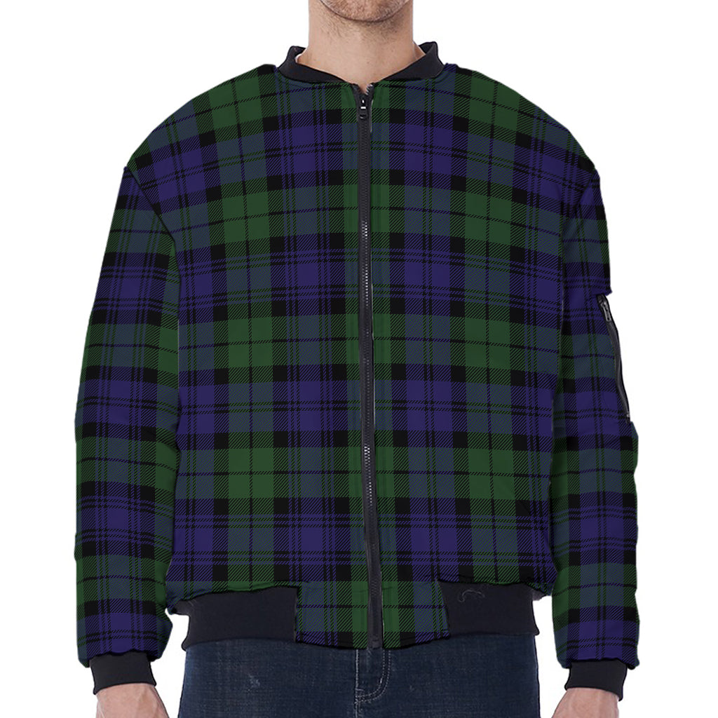 Black Watch Tartan Pattern Print Zip Sleeve Bomber Jacket