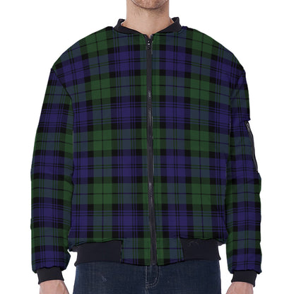 Black Watch Tartan Pattern Print Zip Sleeve Bomber Jacket