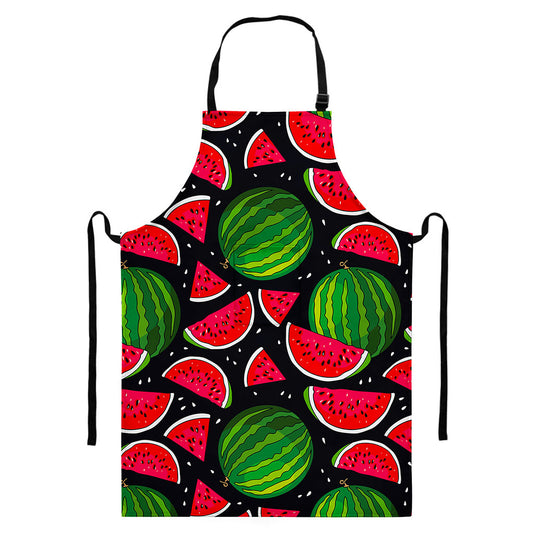 Black Watermelon Pieces Pattern Print Bib Apron With Pocket