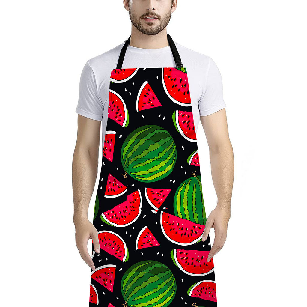 Black Watermelon Pieces Pattern Print Bib Apron With Pocket