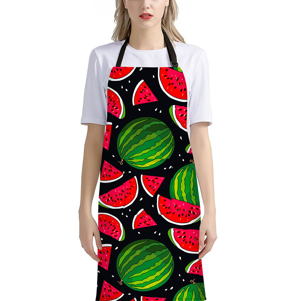 Black Watermelon Pieces Pattern Print Bib Apron With Pocket