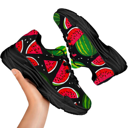 Black Watermelon Pieces Pattern Print Black Chunky Shoes