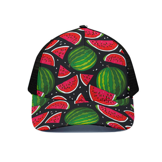 Black Watermelon Pieces Pattern Print Black Mesh Trucker Cap