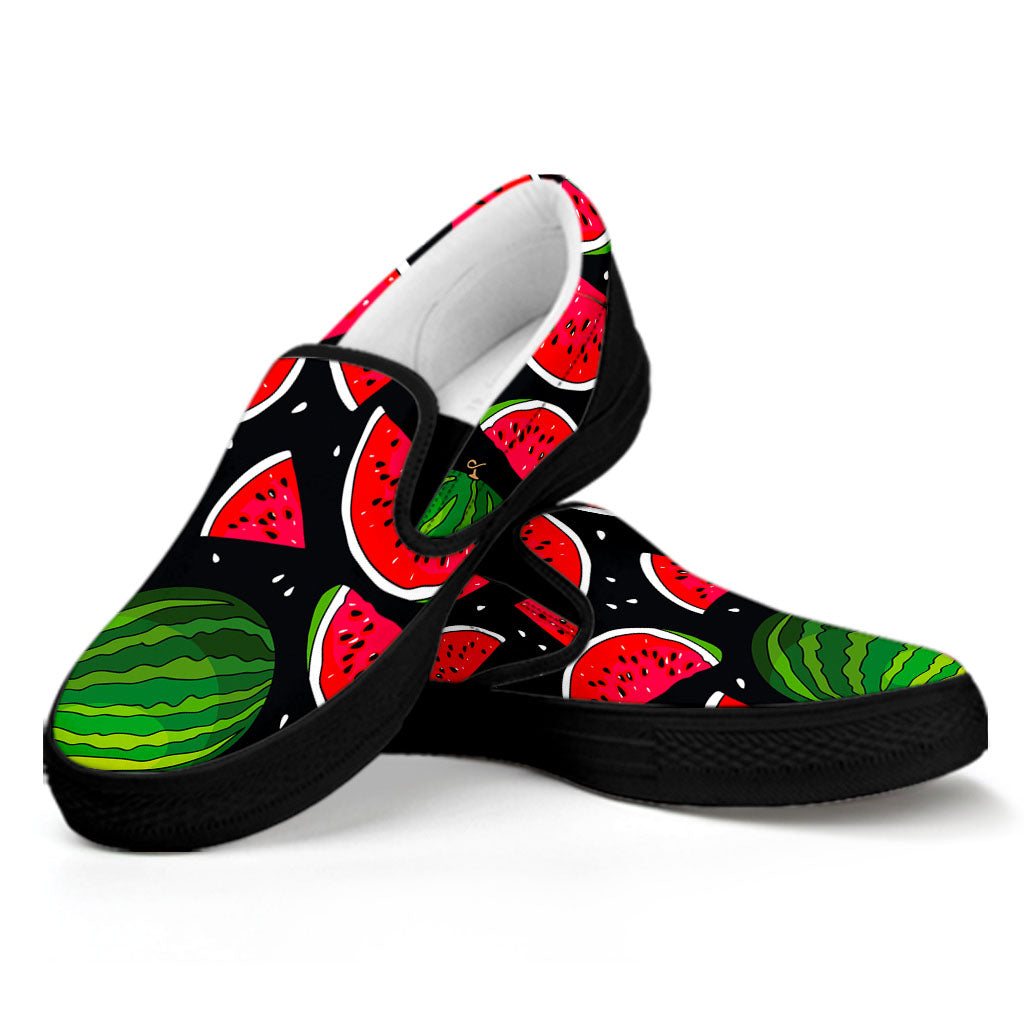 Black Watermelon Pieces Pattern Print Black Slip On Sneakers