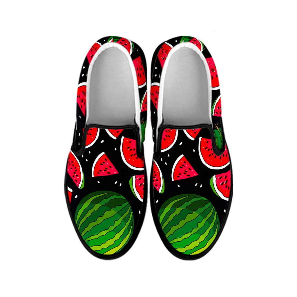 Black Watermelon Pieces Pattern Print Black Slip On Sneakers