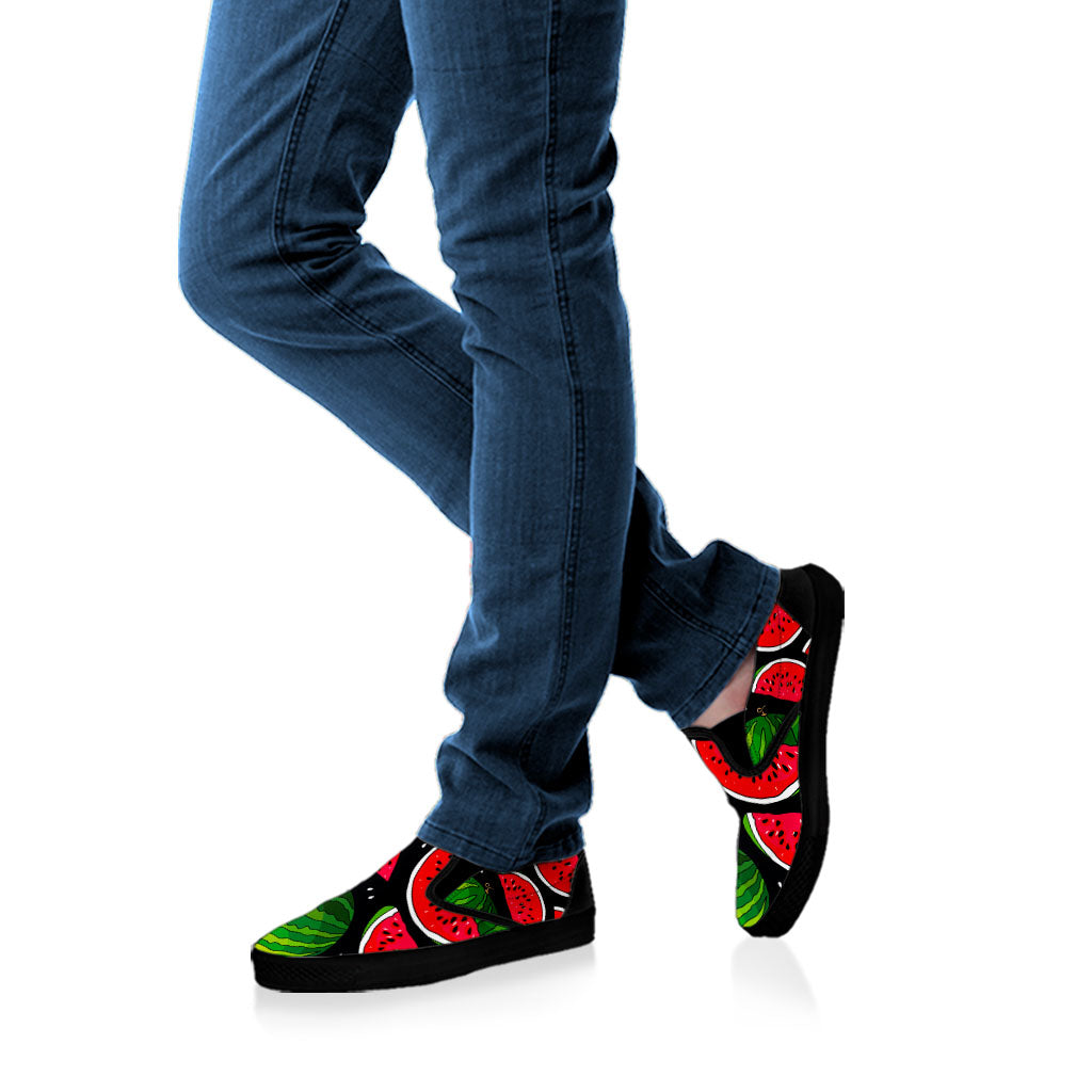 Black Watermelon Pieces Pattern Print Black Slip On Sneakers