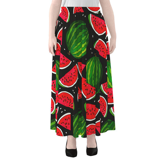 Black Watermelon Pieces Pattern Print Chiffon Maxi Skirt