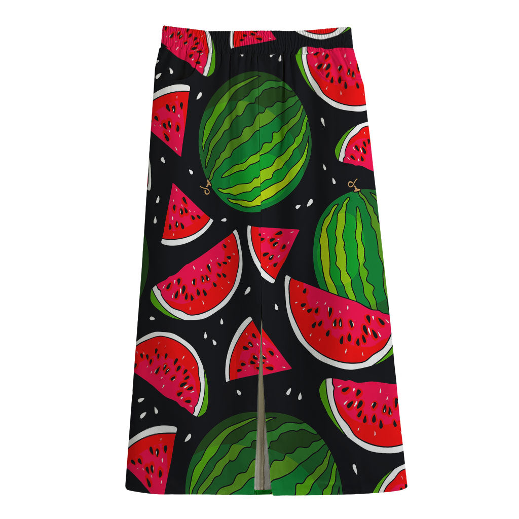 Black Watermelon Pieces Pattern Print Cotton Front Slit Maxi Skirt