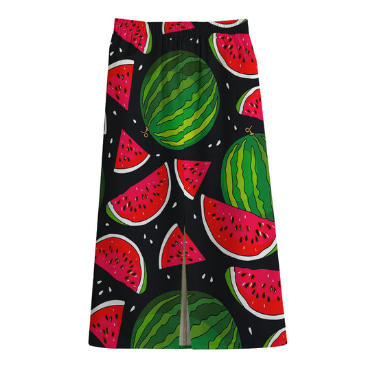 Black Watermelon Pieces Pattern Print Cotton Front Slit Maxi Skirt