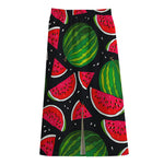 Black Watermelon Pieces Pattern Print Cotton Front Slit Maxi Skirt