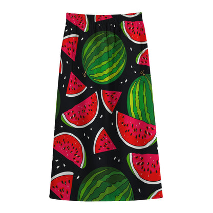 Black Watermelon Pieces Pattern Print Cotton Front Slit Maxi Skirt