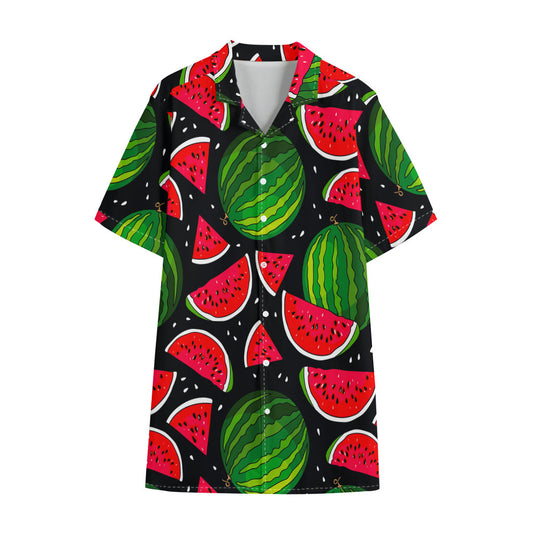 Black Watermelon Pieces Pattern Print Cotton Hawaiian Shirt