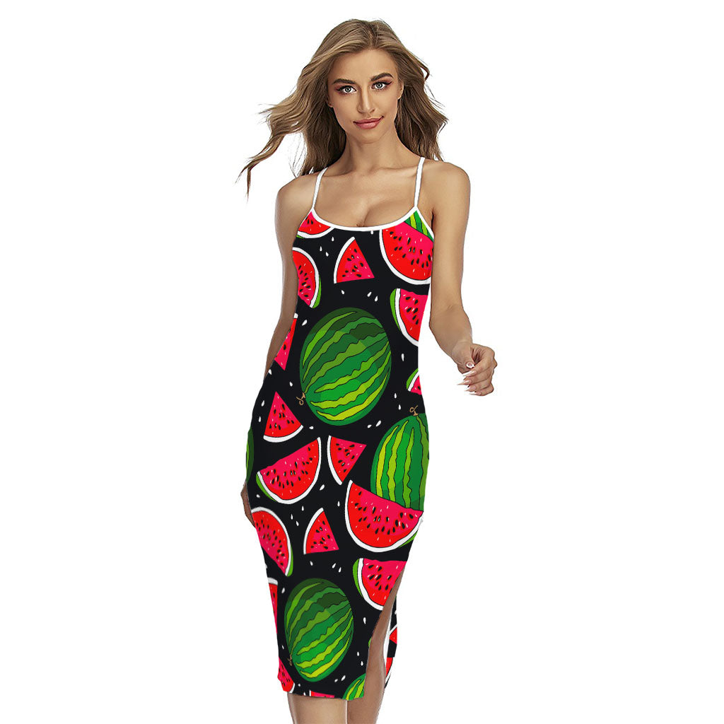 Black Watermelon Pieces Pattern Print Cross Back Cami Dress