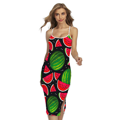 Black Watermelon Pieces Pattern Print Cross Back Cami Dress