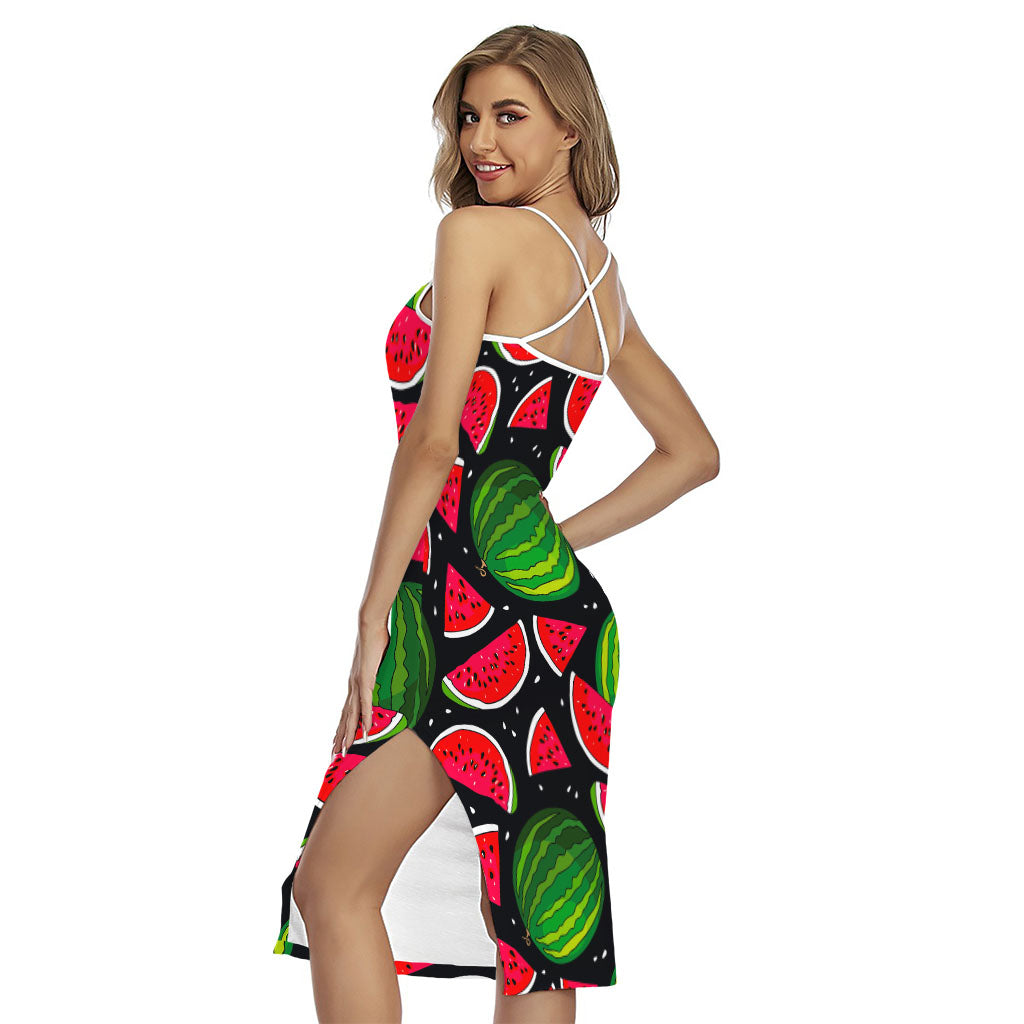 Black Watermelon Pieces Pattern Print Cross Back Cami Dress