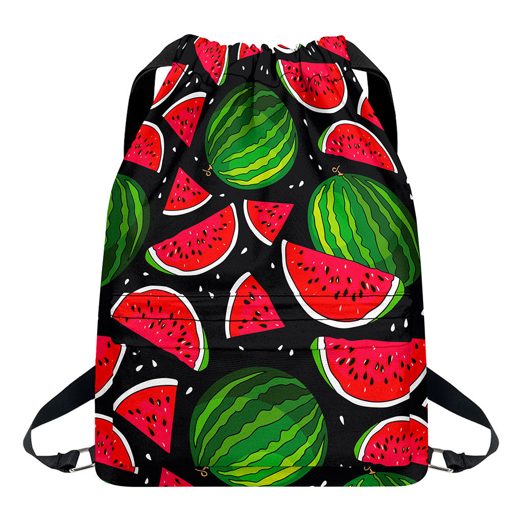 Black Watermelon Pieces Pattern Print Drawstring Backpack
