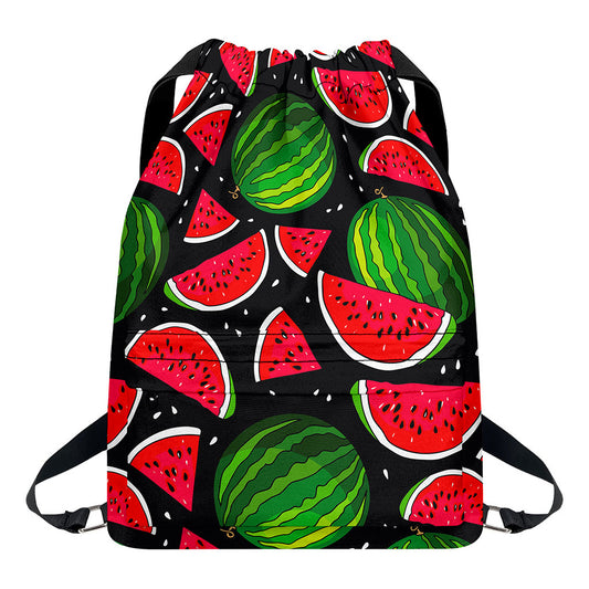 Black Watermelon Pieces Pattern Print Drawstring Backpack