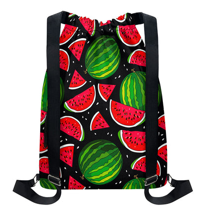 Black Watermelon Pieces Pattern Print Drawstring Backpack