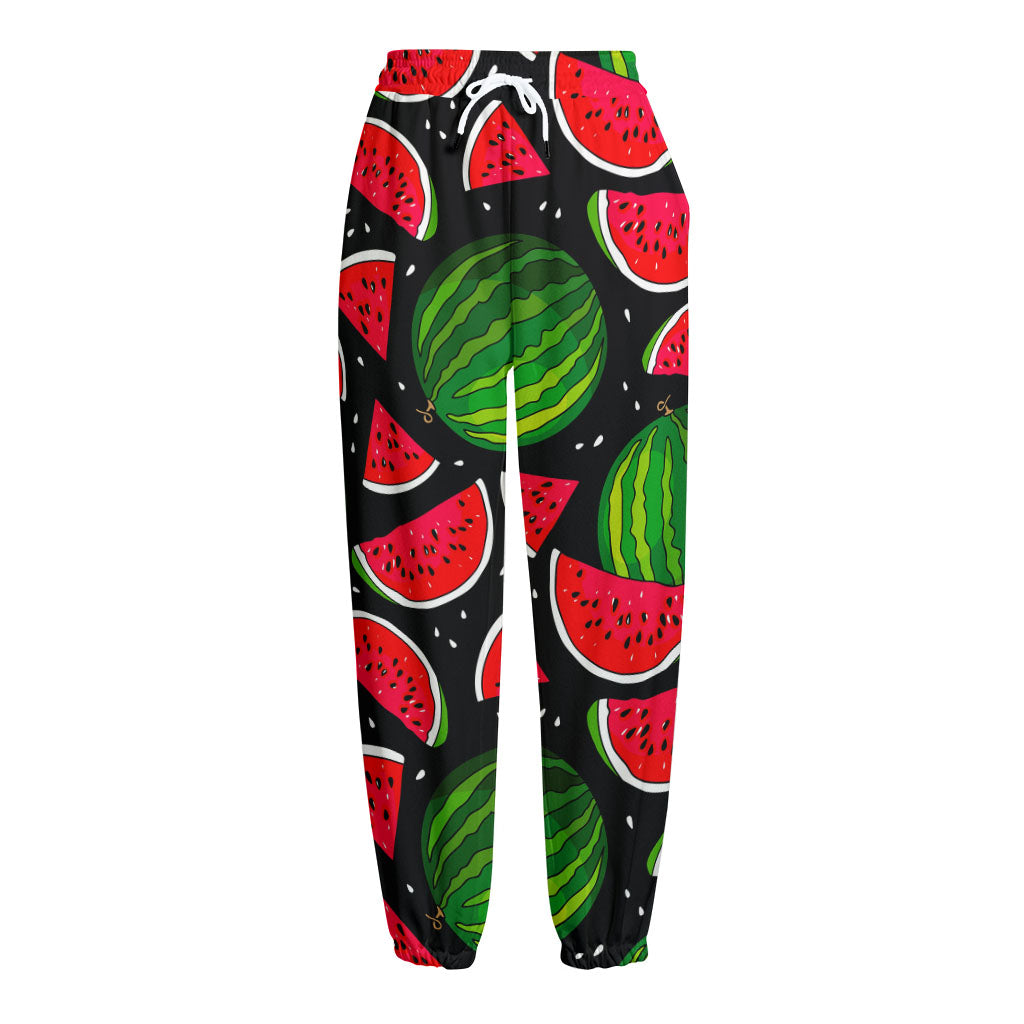 Black Watermelon Pieces Pattern Print Fleece Lined Knit Pants