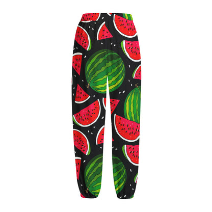 Black Watermelon Pieces Pattern Print Fleece Lined Knit Pants