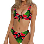 Black Watermelon Pieces Pattern Print Front Bow Tie Bikini