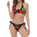 Black Watermelon Pieces Pattern Print Halter Scoop Tie Side Bikini