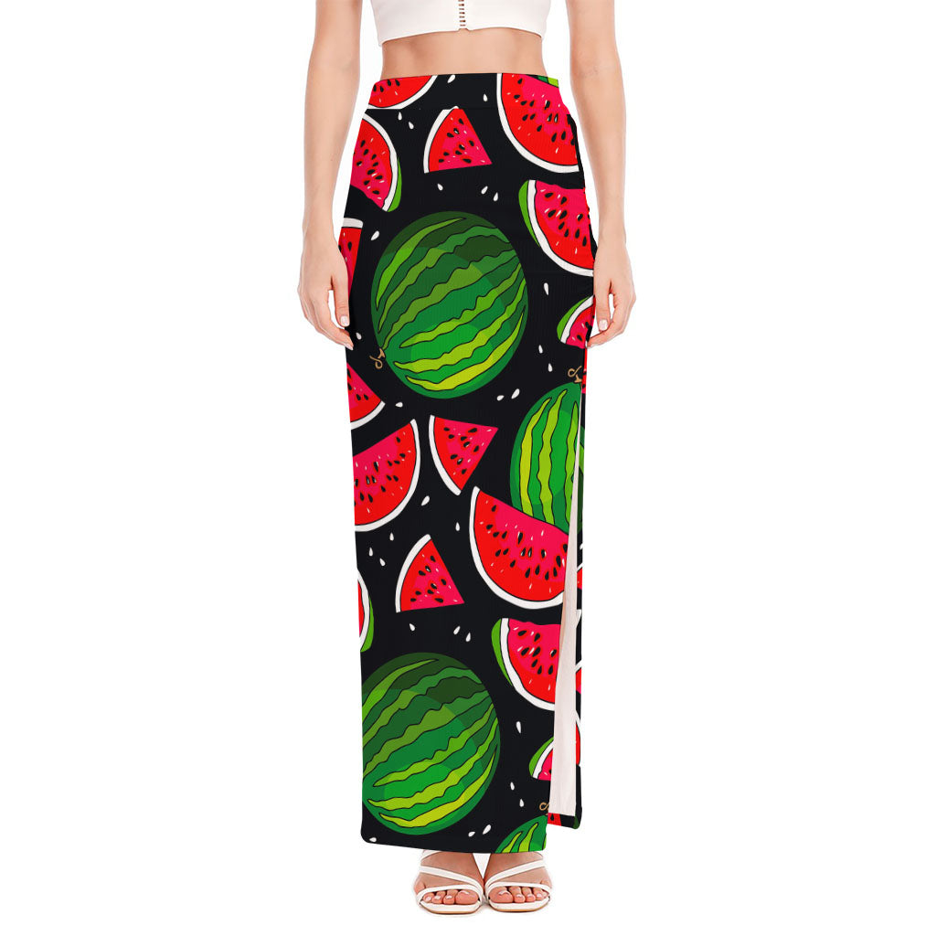Black Watermelon Pieces Pattern Print High Slit Maxi Skirt