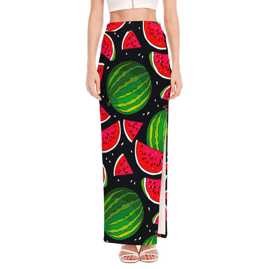 Black Watermelon Pieces Pattern Print High Slit Maxi Skirt
