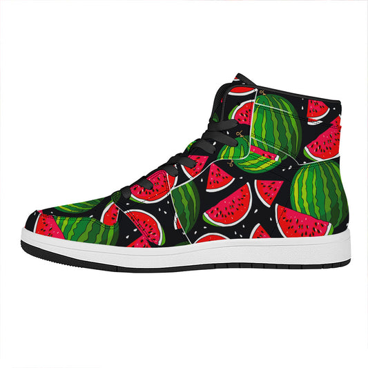 Black Watermelon Pieces Pattern Print High Top Leather Sneakers
