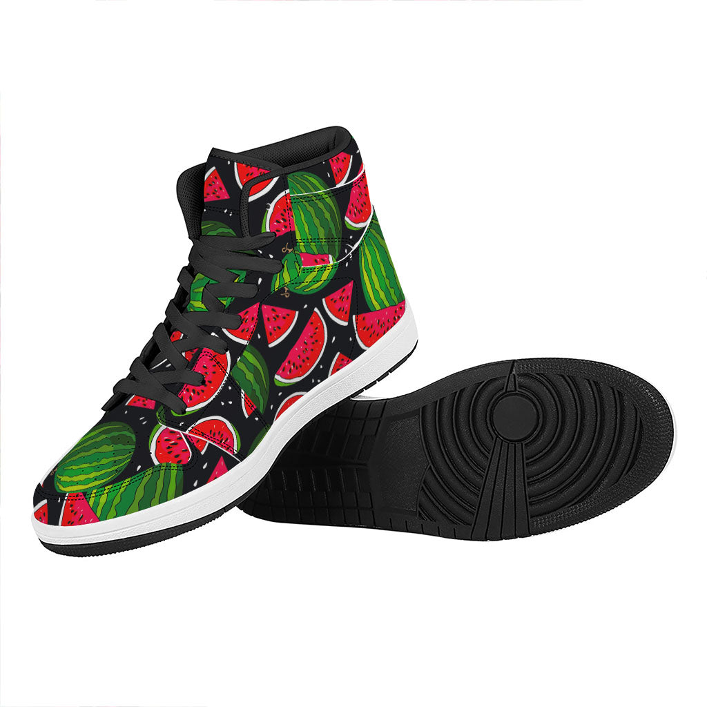 Black Watermelon Pieces Pattern Print High Top Leather Sneakers