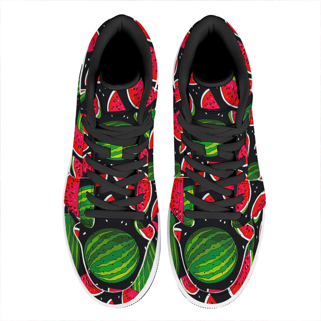 Black Watermelon Pieces Pattern Print High Top Leather Sneakers