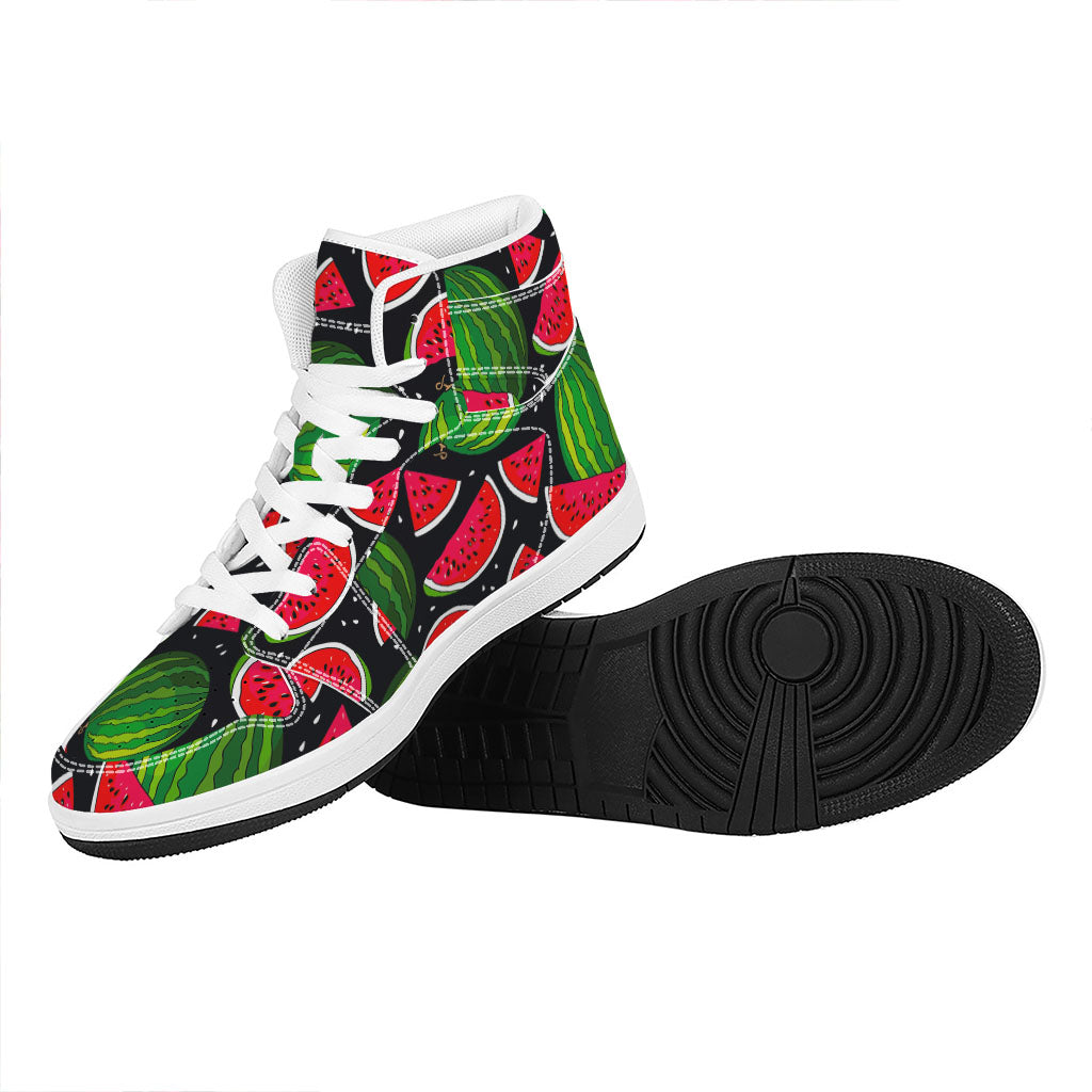 Black Watermelon Pieces Pattern Print High Top Leather Sneakers