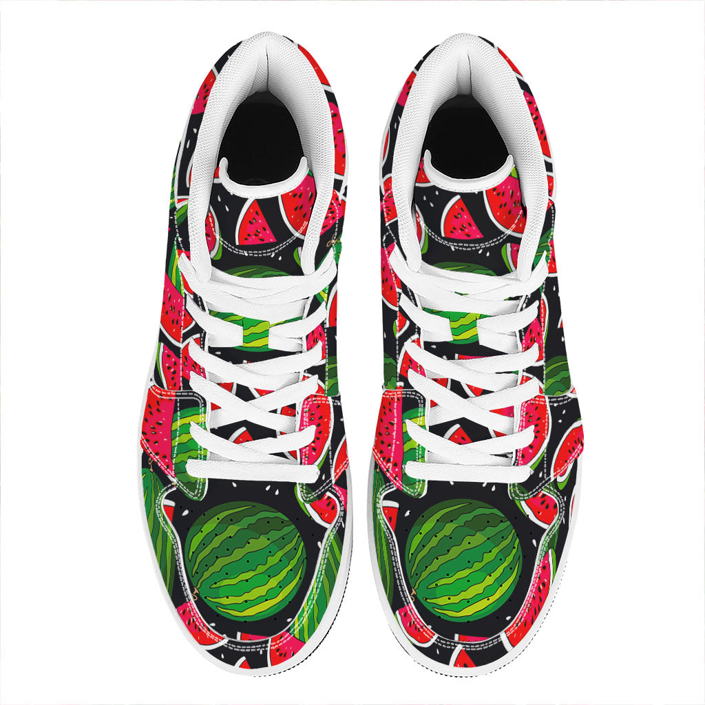 Black Watermelon Pieces Pattern Print High Top Leather Sneakers