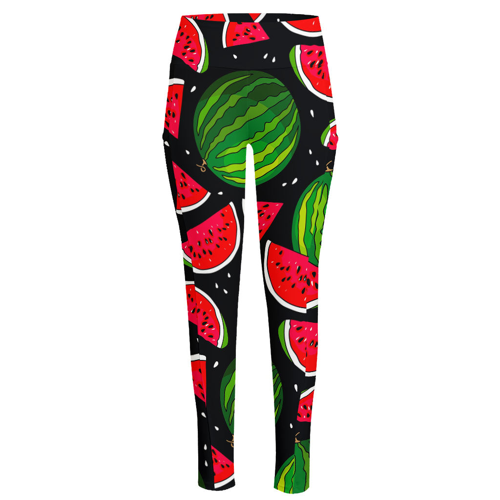 Black Watermelon Pieces Pattern Print High-Waisted Pocket Leggings