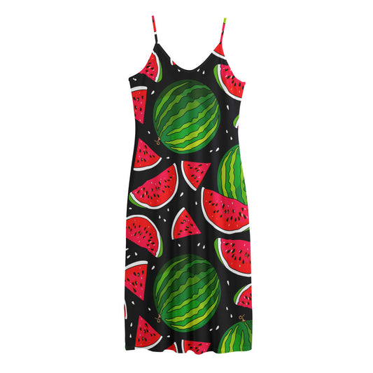 Black Watermelon Pieces Pattern Print Jersey Midi Cami Dress