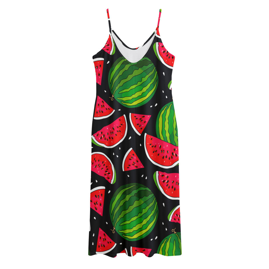 Black Watermelon Pieces Pattern Print Jersey Midi Cami Dress