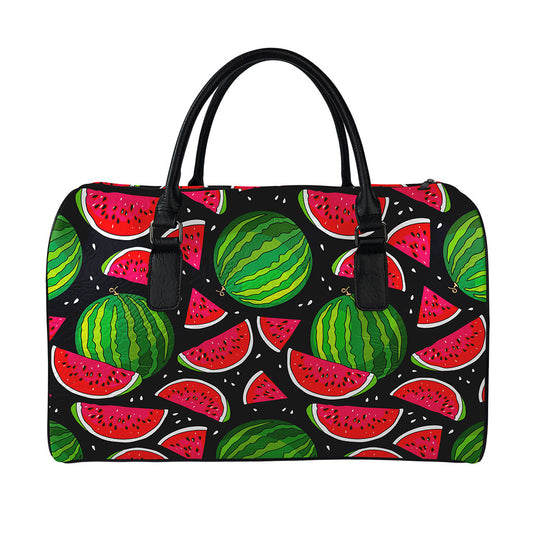 Black Watermelon Pieces Pattern Print Leather Duffle Bag