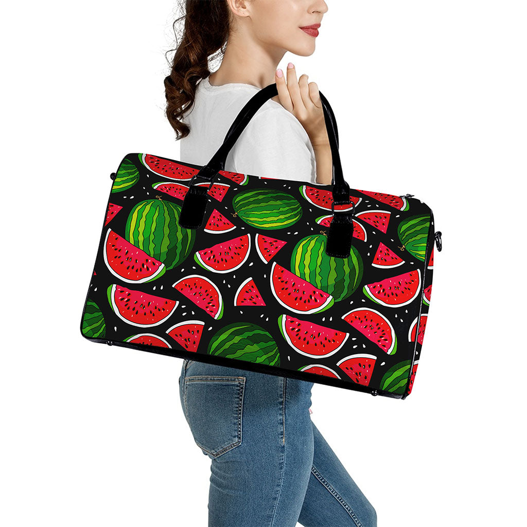 Black Watermelon Pieces Pattern Print Leather Duffle Bag