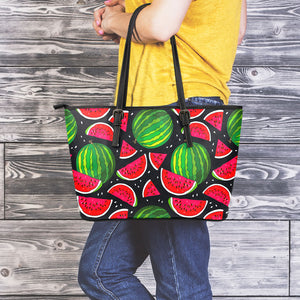 Black Watermelon Pieces Pattern Print Leather Tote Bag