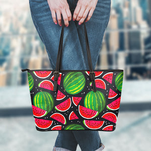 Black Watermelon Pieces Pattern Print Leather Tote Bag