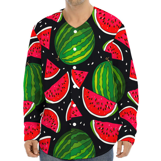 Black Watermelon Pieces Pattern Print Long Sleeve Baseball Jersey