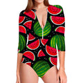 Black Watermelon Pieces Pattern Print Long Sleeve Swimsuit