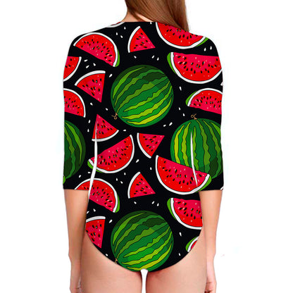Black Watermelon Pieces Pattern Print Long Sleeve Swimsuit